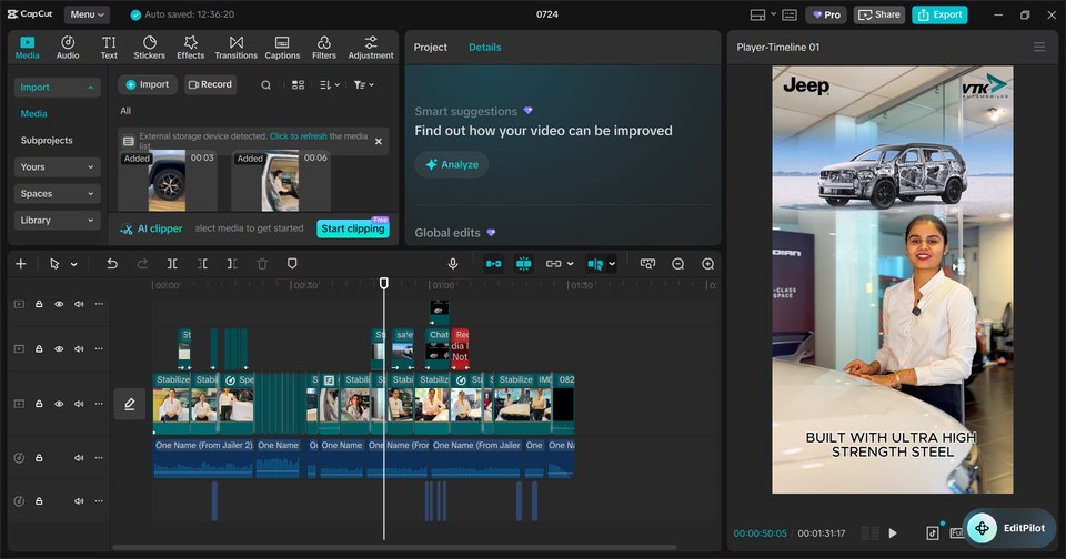 Real editing session showing SanzCreative.ai crafting a client video ad